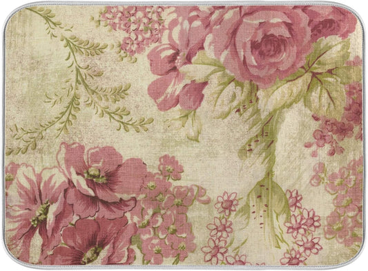 Dish Drying Mat for Kitchen Counter Vintage Pink Rose Absorbent Microfiber Drying Pad Dish Drainer Mat 18 x 16 Inch Reversible Bottles Dish Dry Pad