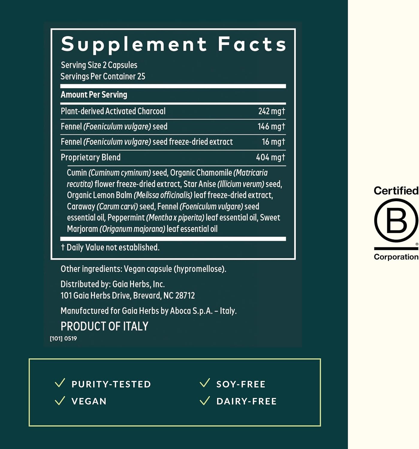 Gaia Herbs Gas & Bloating - Provides Relief from Occasional Gas and Bloating - with Activated Charcoal, Fennel, Chamomile, Cumin, and Peppermint Leaf Essential Oil - 50 Vegan Capsules (25-Day Supply)