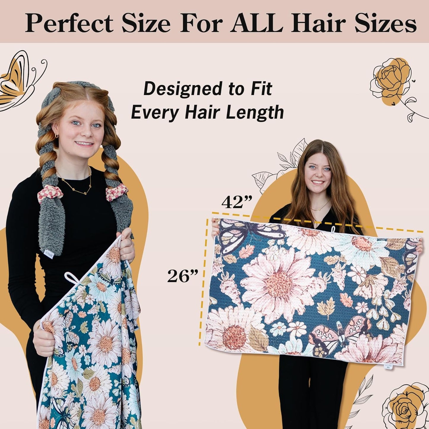 Microfiber Hair Towel Wrap for Women - Anti-Frizz Quick Dry Hair Wrap for Long Hair - Hair Towels for Women, Hair Drying Towel Wrap-Teal Butterfly Floral
