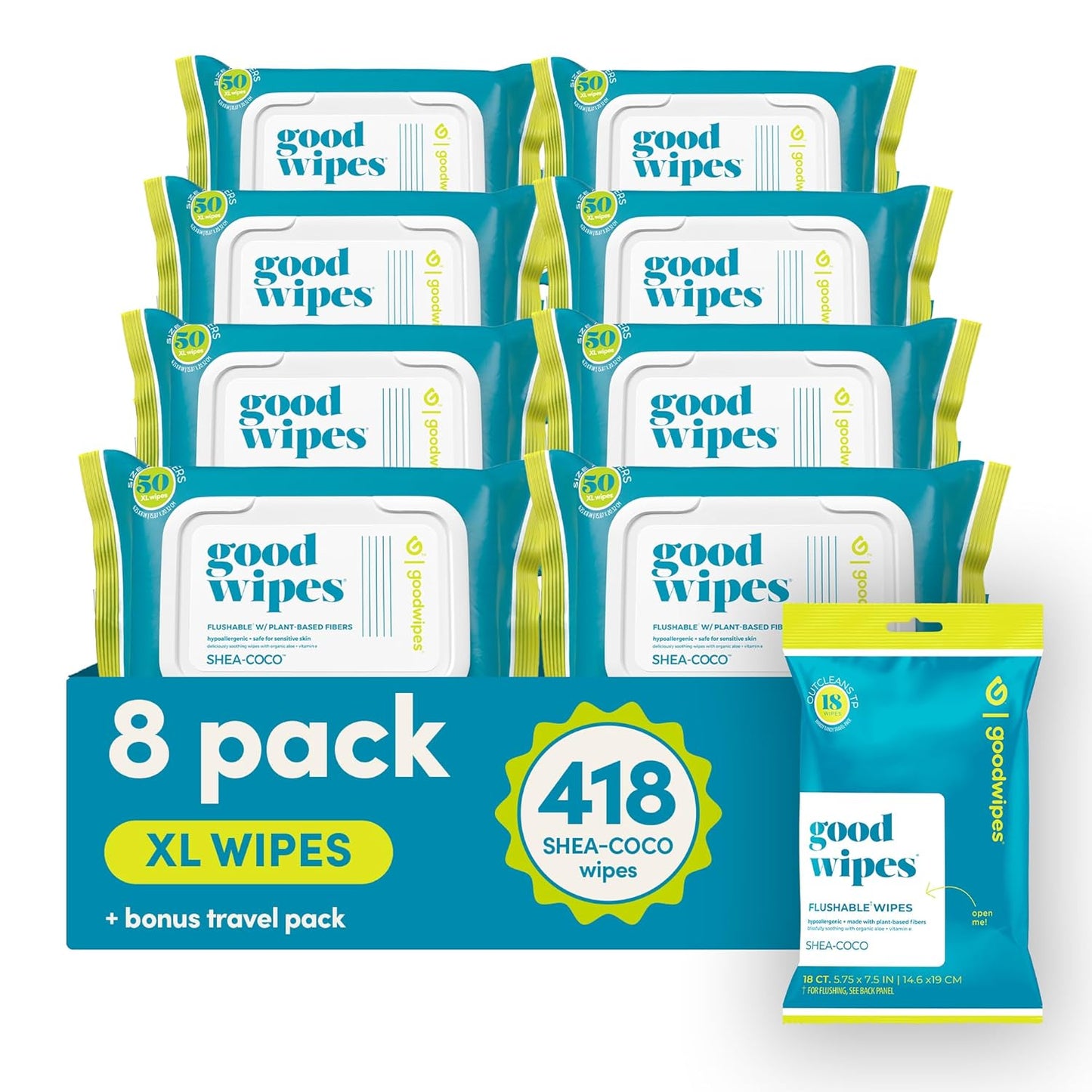 goodwipes Flushable Butt Wipes - Vitamin E & Aloe - Sewer & Septic Safe - Extra Large Adult Wet Wipes For Women & Men - Bathroom Essentials - Shea Coco, 418 Count (8 Packs + 1 Travel)
