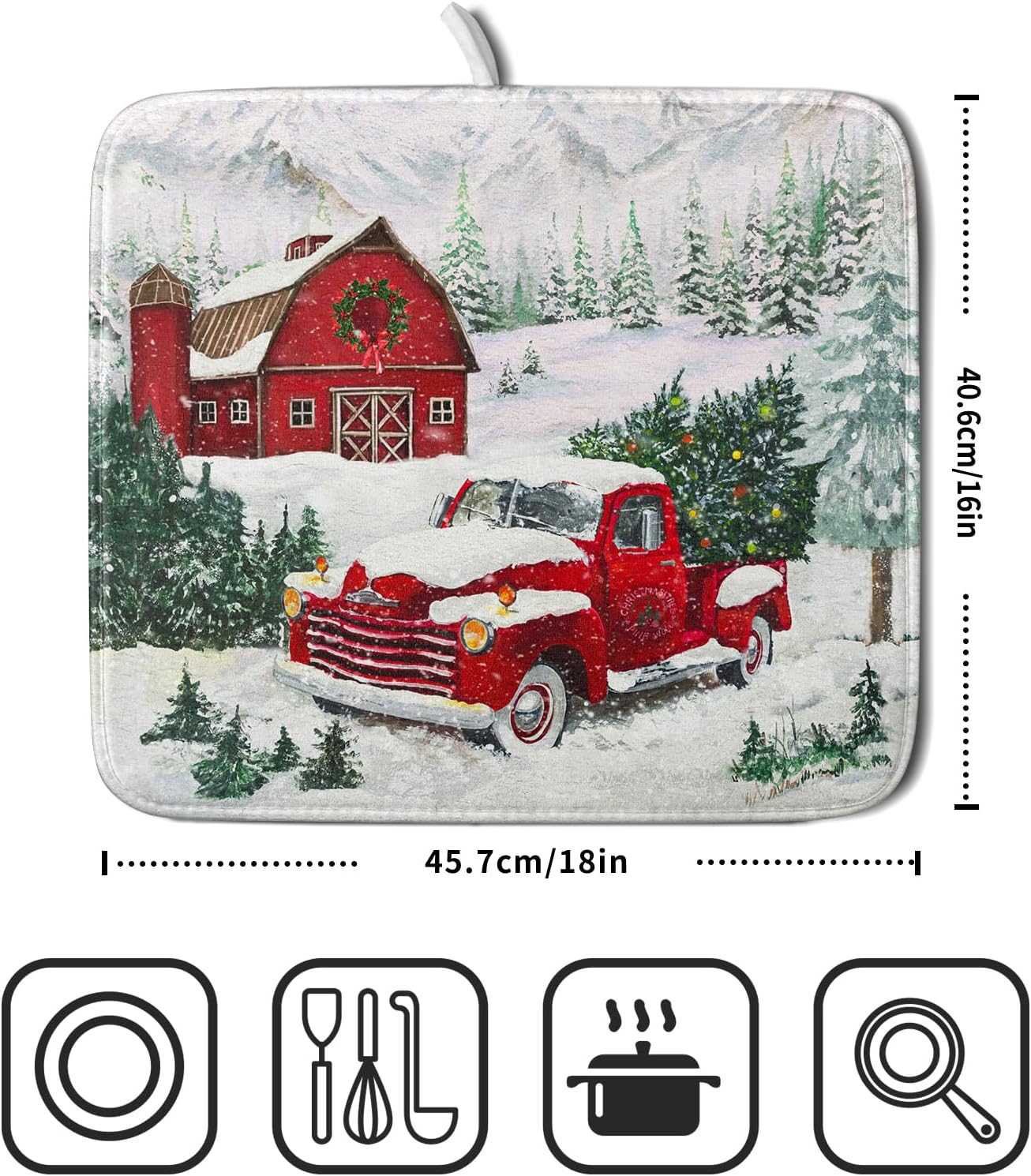 Winter Red Truck Dish Drying Mat Christmas Tree Dishes Pad 16x18 Inch Dish Drainer Rack Mats Absorbent Fast Dry Kitchen Holiday Accessories