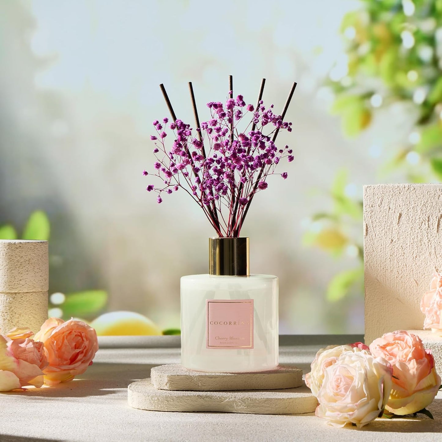 COCORRÍNA Reed Diffuser - Cherry Blossom 17 Fl.oz Reed Diffuser with 8 Sticks Scented Diffuser with Preserved Flowers for Bathroom Home Decor