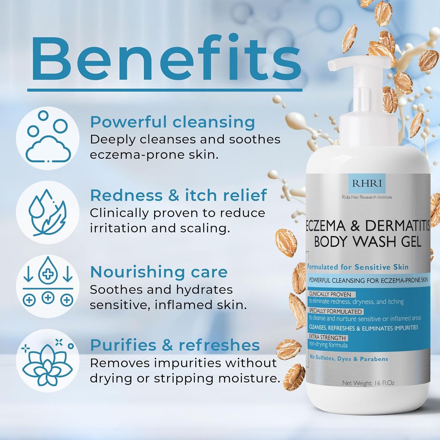 Eczema Body Wash | Eczema Treatment | Gel Cleanser For Eczema Prone Skin | Soothes Dryness & Itching, Gentle On Eczema & Dermatitis, Sulfate-Free With A Free Scrubber Brush