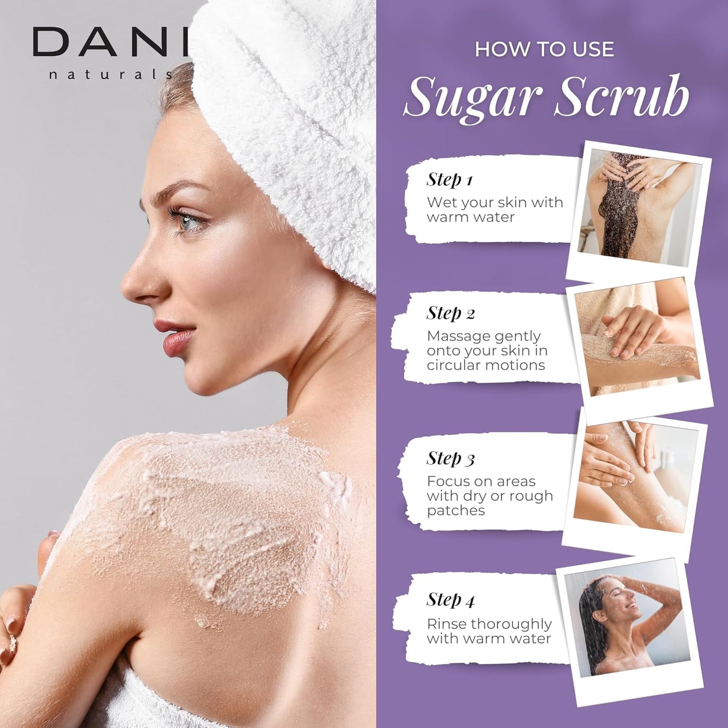 DANI Naturals Sugar Scrub - Exfoliating Lemongrass Lavender with organic cane sugar and shea butter gently exfoliates and hydrates, leaving skin smooth and refreshed. 14 oz