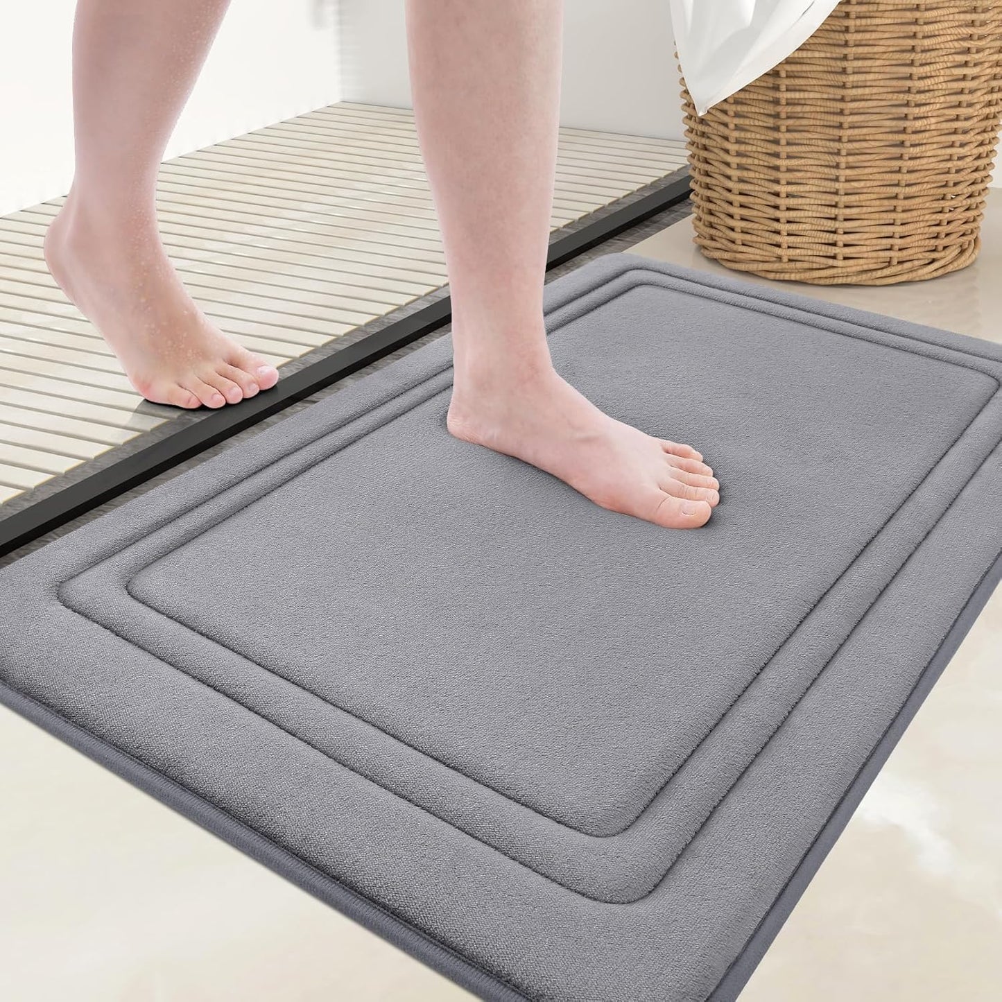 Grandaily Memory Foam Bath Mat Rug 24x16, Ultra Soft, Non-Slip and Absorbent Bathroom Rugs, Machine Wash Dry, Comfortable Bath Carpet for Bathroom Floor, Tub and Shower, Medium Grey