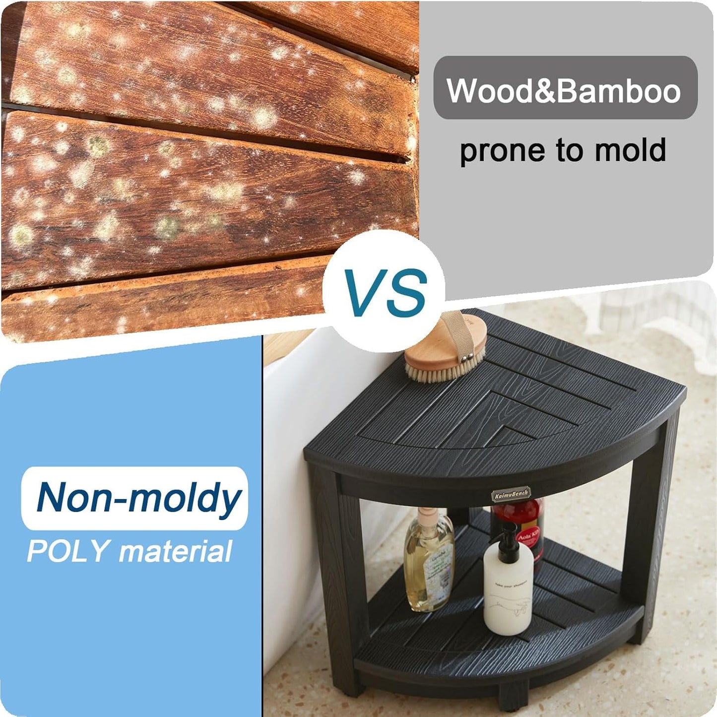 Shower Bench for Inside Shower, Poly Lumber Corner Shower Stool, Plastic Bathroom Bench Seat for Shaving Legs, Shower Chair Seat, Shower Foot Rest with Adjustable Feet, Non-Slip, Black