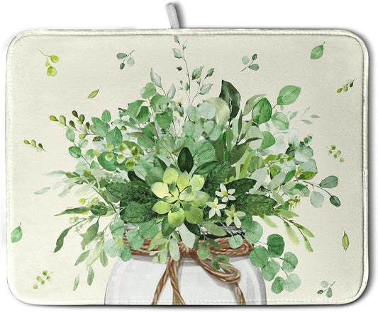 Spring Sage Green Leaves Dish Drying Mat for Kitchen Counter Eucalyptus Leaf Floral Mason Jar Dishes Drainer Mats Absorbent Microfiber Dish Draining Mat Washable Large Dish Pad 18x24 Inch
