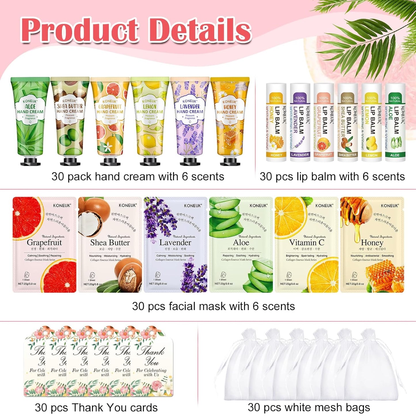 30 Pack Bulk Facial Mask, Bulk Hand Cream and Bulk Lip Balm Sets, Stocking Stuffers for Women, Thank You Gifts, Bridal Shower Favors and Christmas Gifts for Guests, Birthday Gifts, Small Gifts for Her