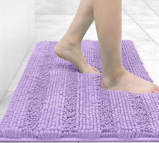 Grandaily Chenille Striped Bathroom Rugs 30x20, Extra Thick and Absorbent Bath Mats, Non-Slip Soft Plush Shaggy Shower Carpet, Machine Wash Dry, Bath Rug for Bathroom, (Medium, Purple)