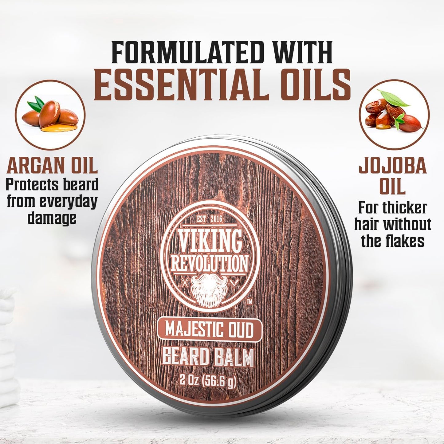 Viking Revolution Majestic Oud Beard Balm - Argan & Jojoba Beard Butter, Softener & Moisturizer with Beeswax - Wax for Men (2oz, 1 Pack)