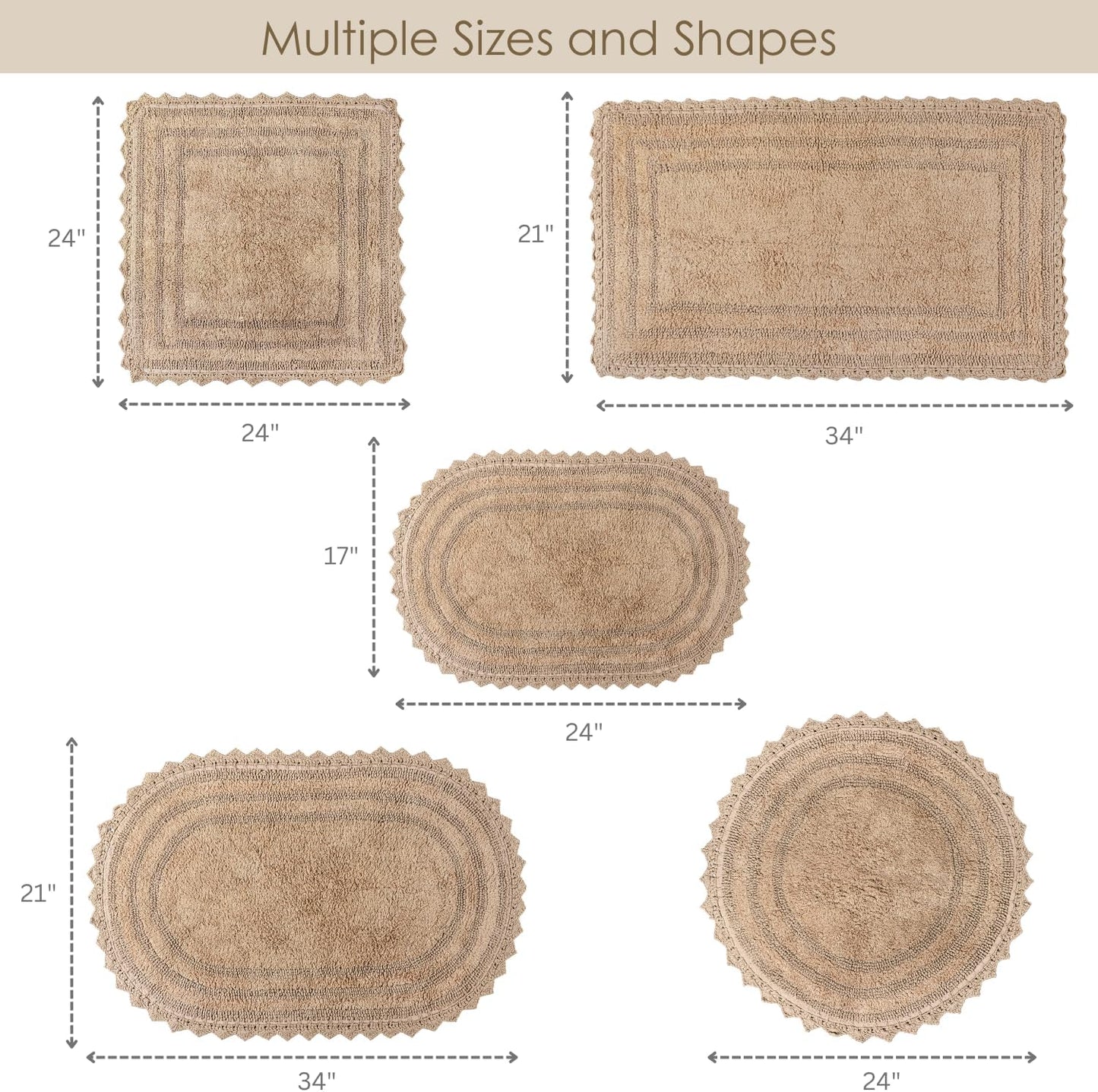 RAJRANG Bath Rug for Bathroom Kitchen and Spa with Crochet Pattern Cotton Luxury Absorbent Soft Reversible Boho Bath Mat Sand Oval 24x17 Inches