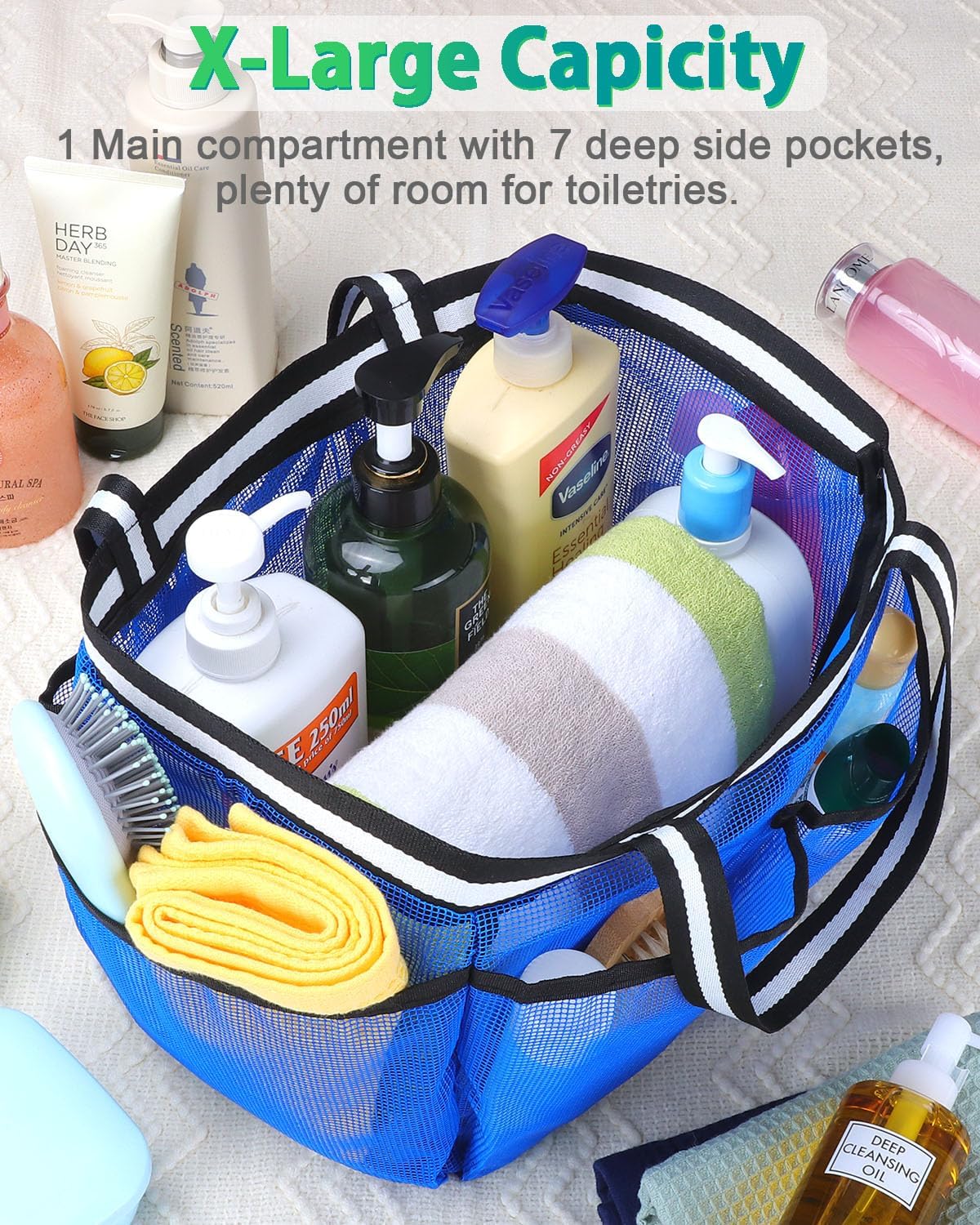 Mesh Shower Caddy Portable Shower Bag for College Dorm Camping Travel Gym(Blue)