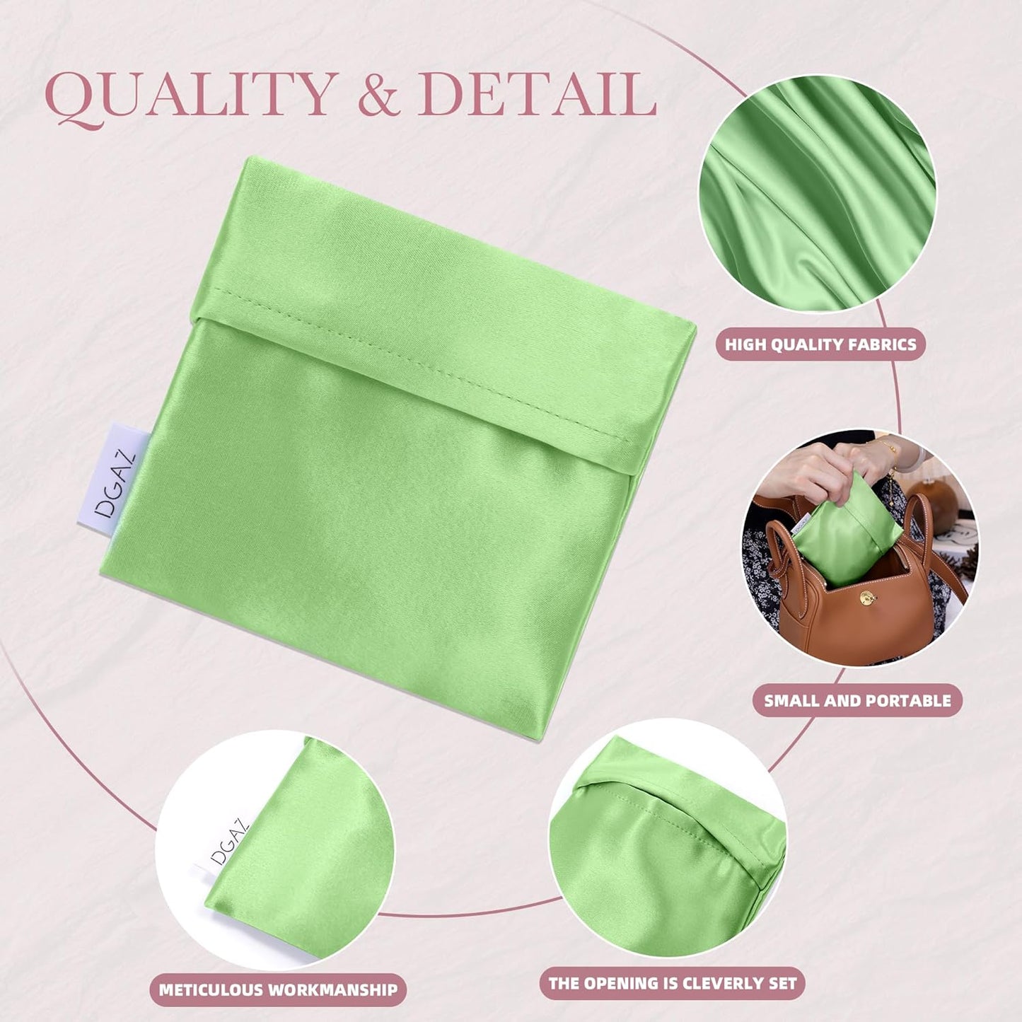 DGAZ Silk Sanitary Napkin Storage Bag, Period Bag for Teen Aged Girls, Portable Period Bag for Panty Liners/Menstrual Cup/Small Tampons，Mini Makeup Bag for Purse(Vert Criquet)