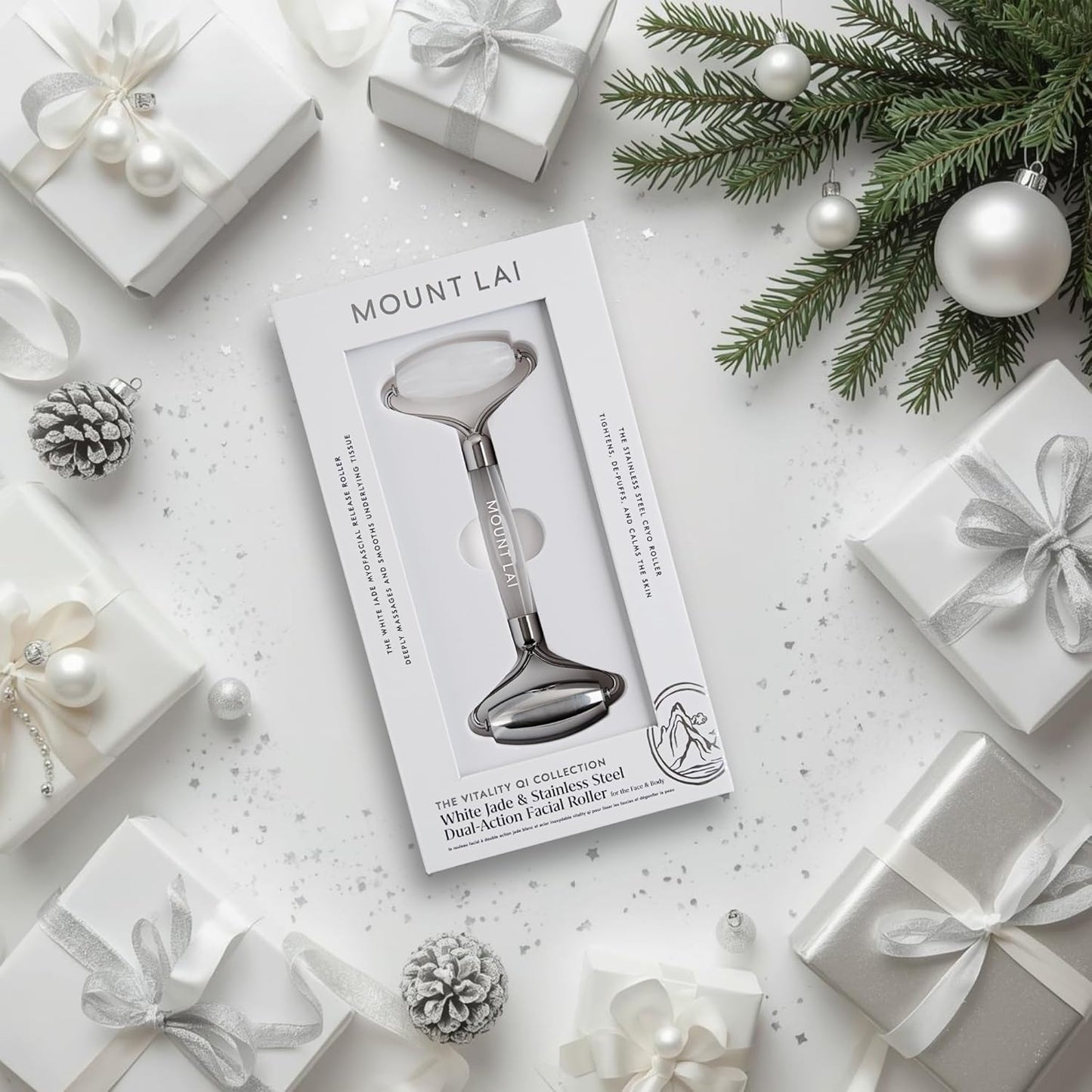 Mount Lai The Vitality Qi White Jade & Stainless Steel – The Stone of Harmony and Clarity, Face Roller for Soothing, Refreshing & Radiant-Looking Skin, Facial Massager Tool for Self-Care Ritual