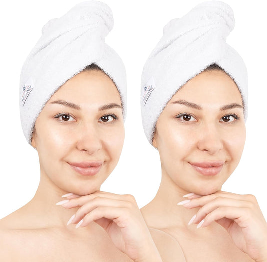 American Soft Linen 100% Cotton Hair Towels for Women, Head Towel Cap, Cotton Hair Turban Towel Wrap for Long Curly Anti Frizz Hair, Soft and Absorbent Cotton Hair Towels 2 Pack, White