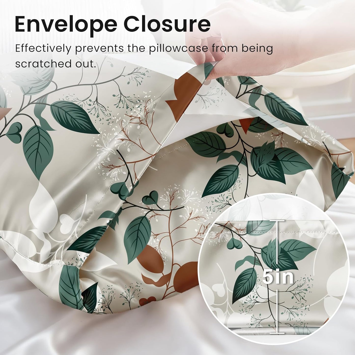 EXQ Home Satin Pillowcase for Hair and Skin Queen - Printed Green Leaves Silk Pillow Cases 2 Pack 20x30 inches - Satin Pillow Cases Set of 2 with Envelope Closure, Gifts for Women Men