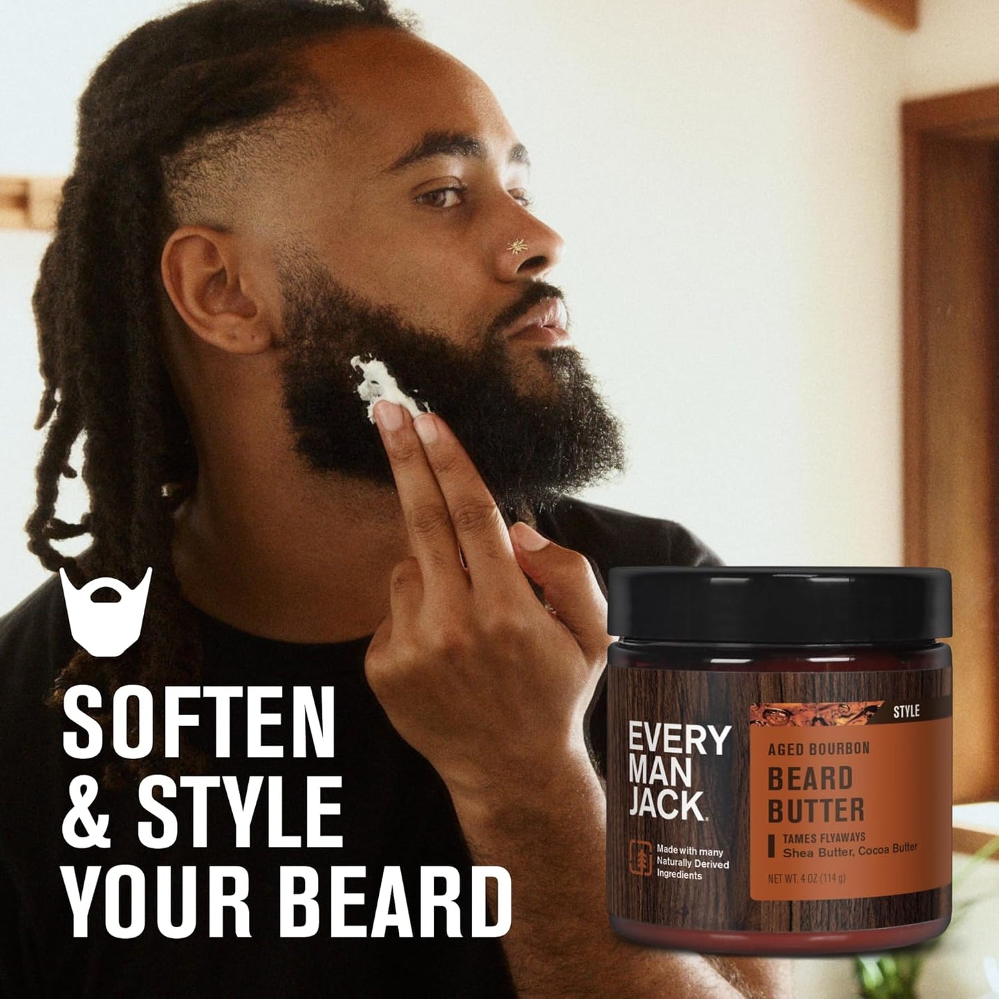 Every Man Jack Beard Butter- Aged Bourbon Fragrance - Hydrates and Styles Dry, Unruly Beards While Relieving Itch - Naturally Derived with Shea Butter and Coconut Oil - 4-ounce (2 Pack)