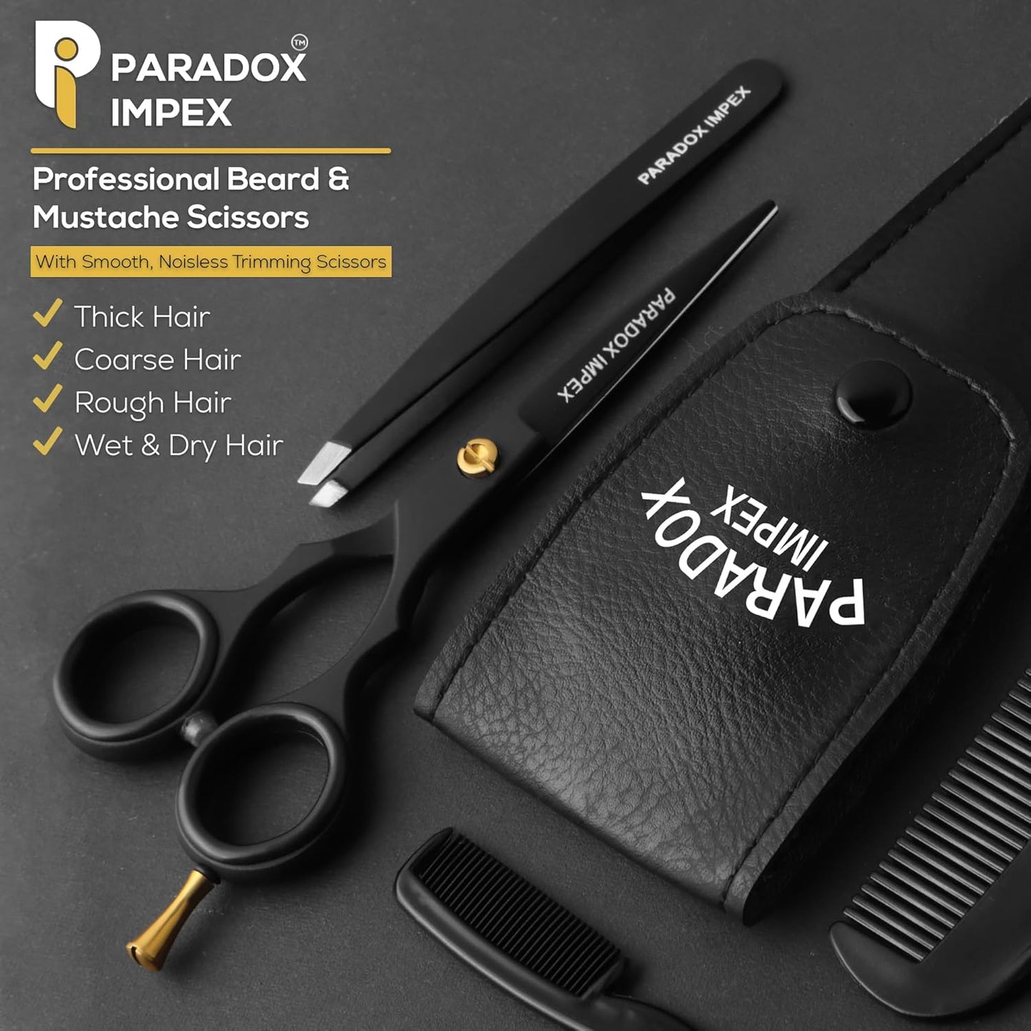 5” Beard and Mustache Scissors, German Stainless Steel Beard Scissors Come with 1 Tweezers, 1 Beard Comb, 1 Mustache Comb and Pouch, Hair Scissors for All Facial Hairs. (Black)