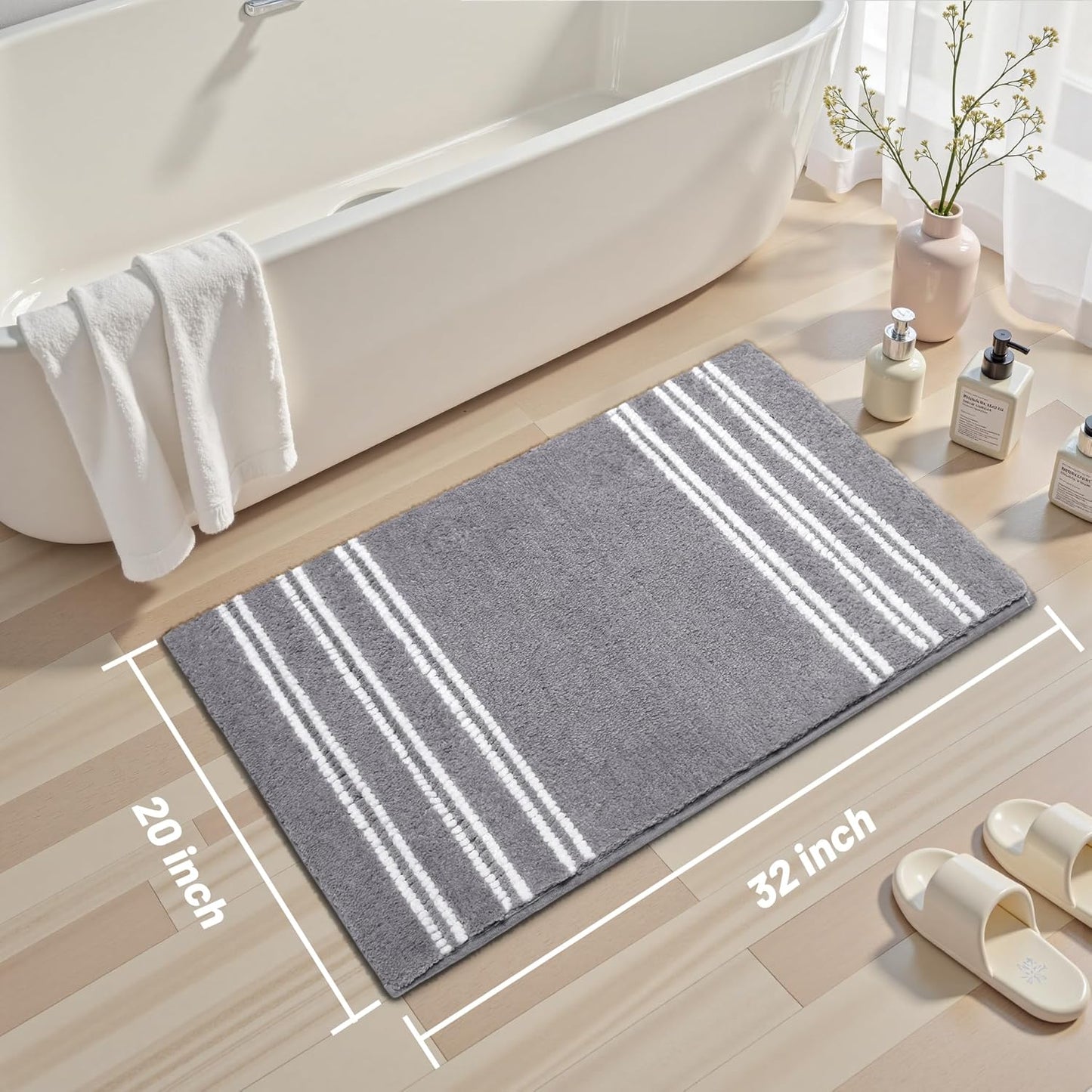 Bathroom Rugs 20x32 Extra Soft Absorbent Bath Mat Chenille Non Slip Shower Mat Rubber Backing Machine Washable Bath Mats for Bathroom Shaggy Grey Bath Rugs for Tub, Hallway