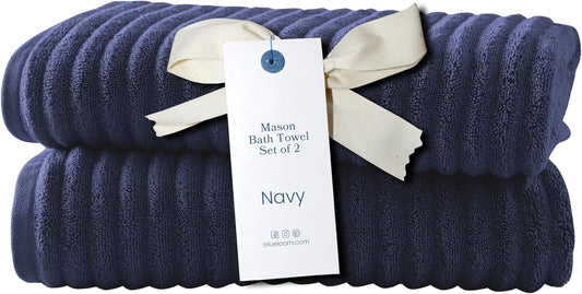 Blue Loom Ribbed Bath Towels Set, 100% Cotton 600 GSM, Soft Absorbent Durable Quick Drying 2 Bath Towels for Bathroom - Mason Set of 2 Navy (58" x 30" Inch)