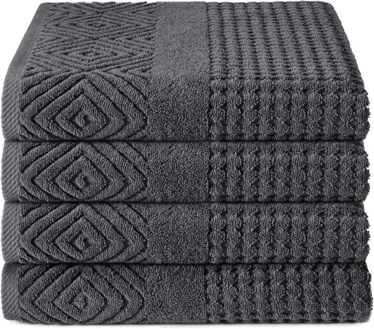 Texere 100% Organic Cotton Diamond Jacquard 700 GSM Luxury Bath Towel Sets - Ultra Soft and Absorbent Hotel and Spa Quality (Diamond, Charcoal, 4 Bath Towels)