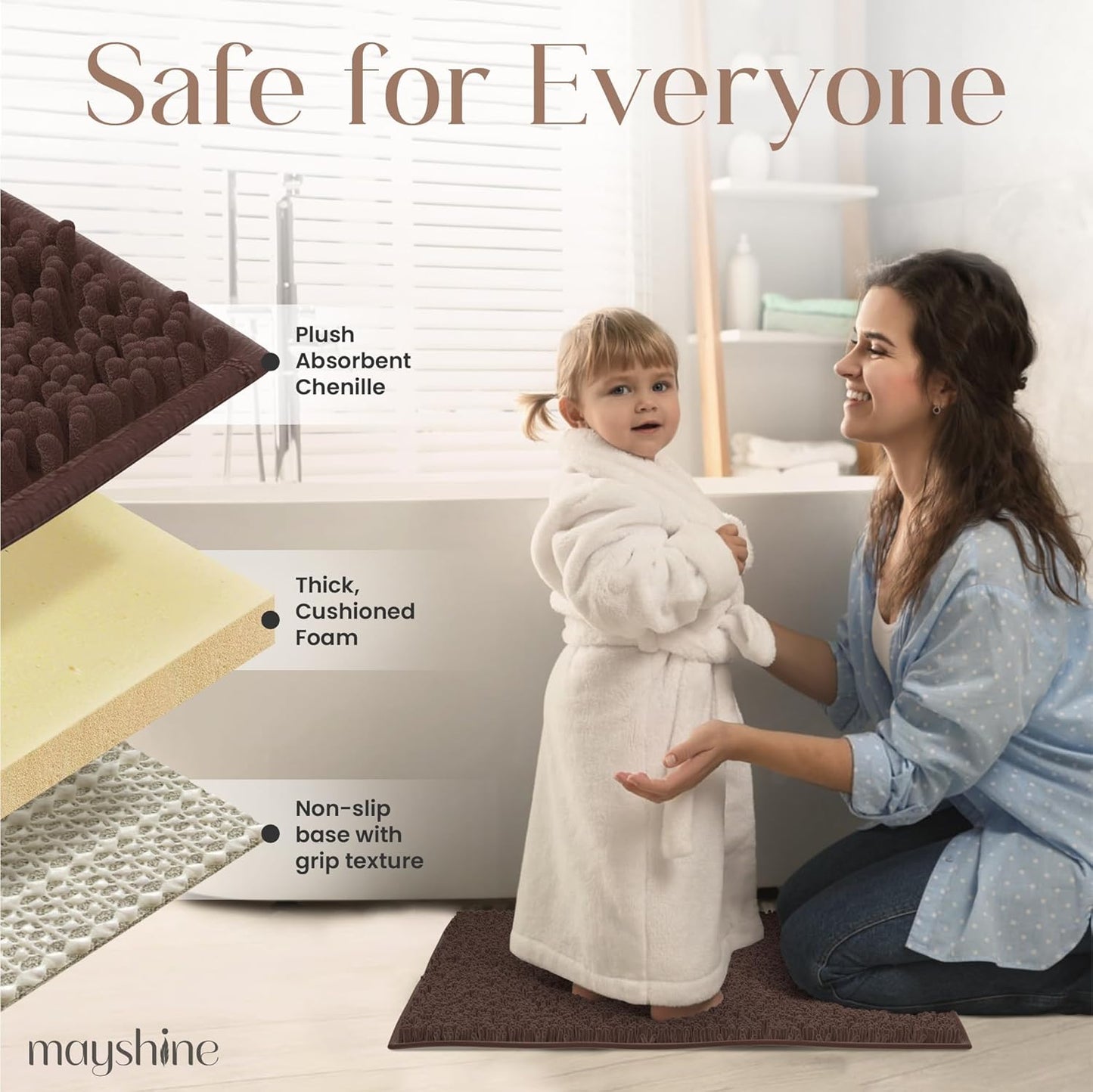 MAYSHINE Plush Shaggy Chenille Bath Mat | Extra Soft, Super Absorbent, Non-Slip Bathroom Rug | Fluffy Microfiber, Area Rug Sets for Bathroom Floor, Kitchen, Living Room | 23"x14" | Brown