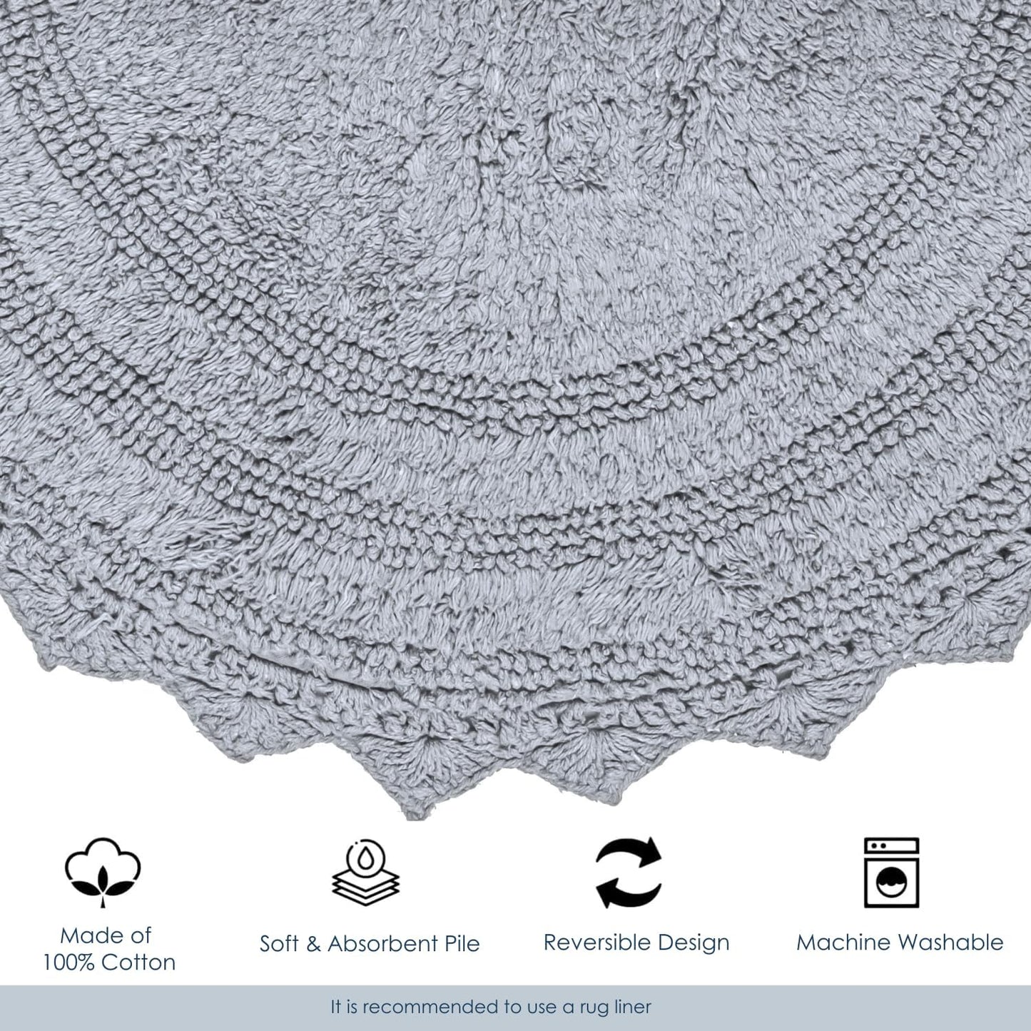 RAJRANG Bath mat for Bathroom Kitchen and Spa with Crochet Pattern Cotton Absorbent Soft Reversible Light Grey Bath Rug Oval 24x17 Inches