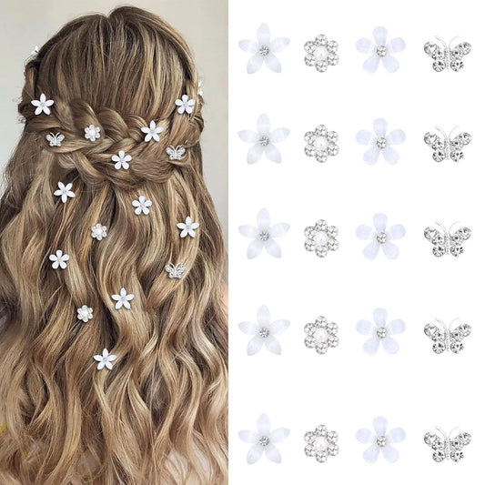 YISSION 20 Pcs Mini Flower Hair Clips Rhinestone Butterfly Hair Pins Small Decorative Hair Clips Wedding Hair Barrettes White Hair Clips Bridal Flower Girl Hair Accessories for Girls Women