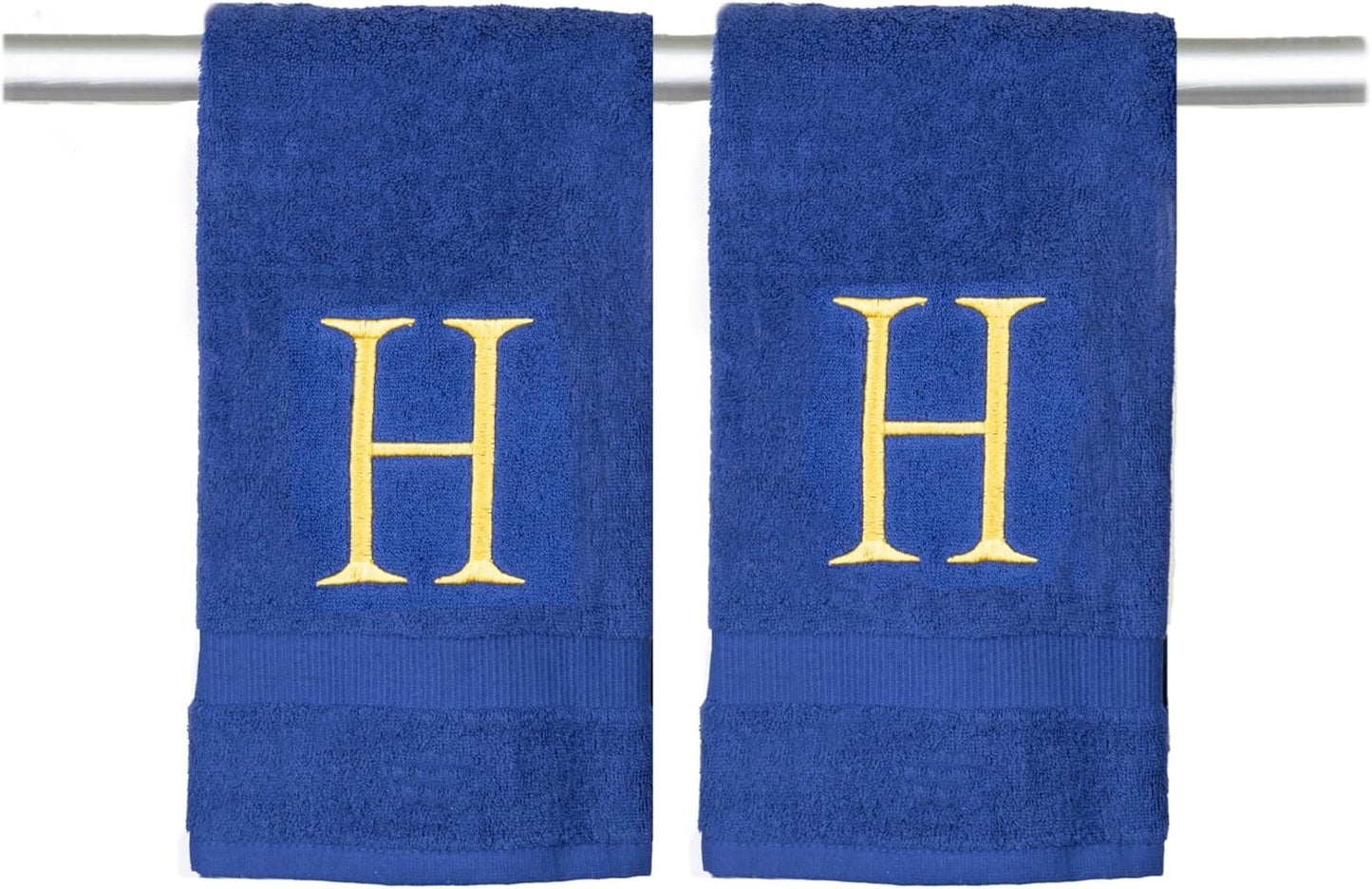 Gold and Navy Monogrammed Hand Towel - Monogram Initial Hotel Quality Decorative Embroidered Luxury Towel for Powder Room, Spa - GOTS Organic Certified - Pack of 2, Letter H