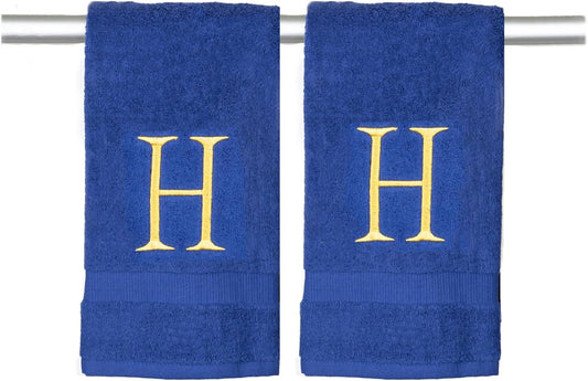 Gold and Navy Monogrammed Hand Towel - Monogram Initial Hotel Quality Decorative Embroidered Luxury Towel for Powder Room, Spa - GOTS Organic Certified - Pack of 2, Letter H