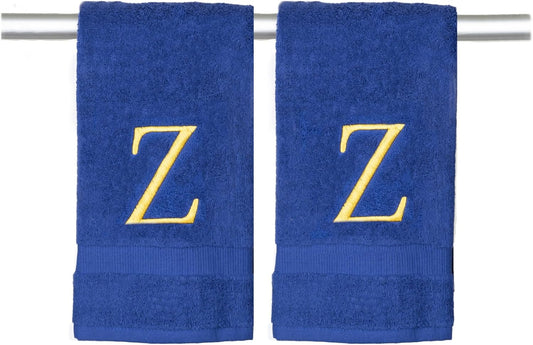 Navy Monogram Hand Towel for Bathroom - Monogrammed Initial Hotel Quality Decorative Embroidered Luxury Towel for Powder Room, Spa - GOTS Organic Certified - Set of 2 Letter Gold Z