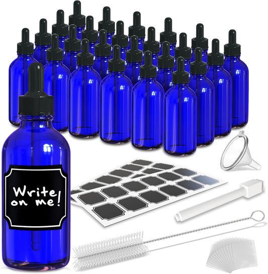 Nevlers Cobalt Blue Glass Bottle with Dropper 4 oz 24 Pack | Leakproof Glass Dropper Bottle Set w/Shrink Wrap, Funnel, Brush, Marker & Labels | Tincture Bottles with Droppers for Oils Serums Medicine