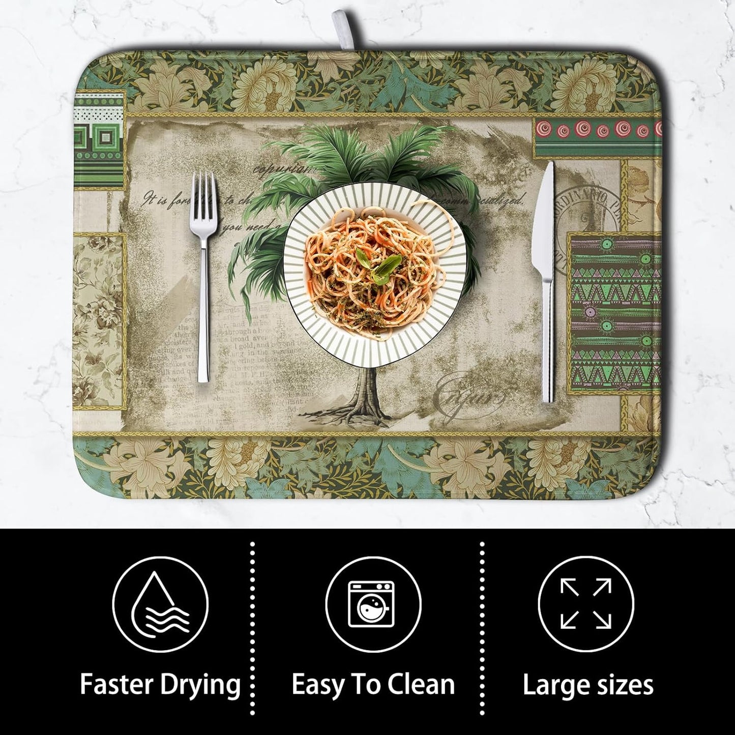 Palm Tree Kitchen Dish Drying Mat for Dishes 18x24 Inch Summer Vintage Tropical Leaves Green Jungle Plant Drying Mat Botanical Dish Drainer Mat Super Absorbent Dish Rack Pad for Coffee Bar Sinks