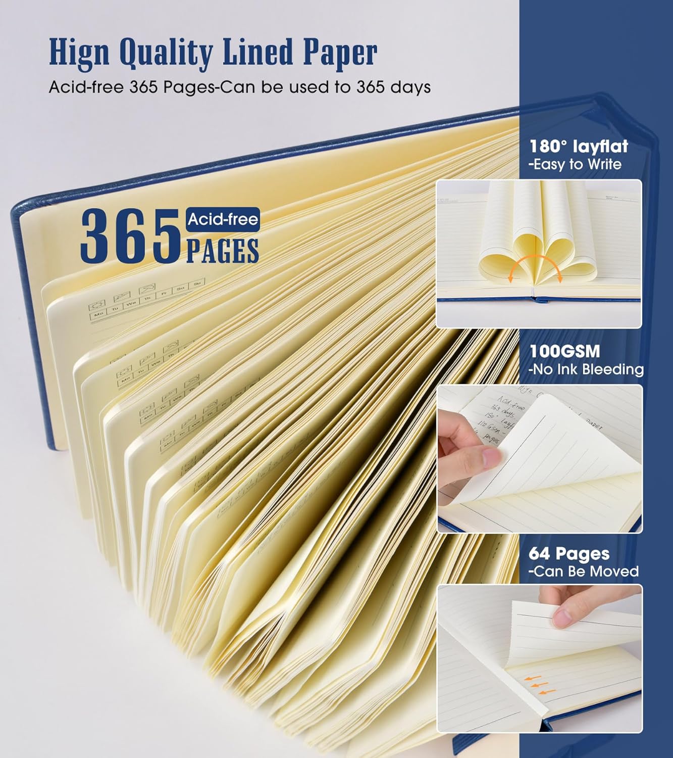 Lined Journal Notebook, 365 Pages A4 Large Journals for Writing Ruled Notebook, Hardcover Leather Journal for Women Men, Daily Notebook for Work, Note Taking, 100Gsm Thick Paper(8.5" x 11" Darkblue)