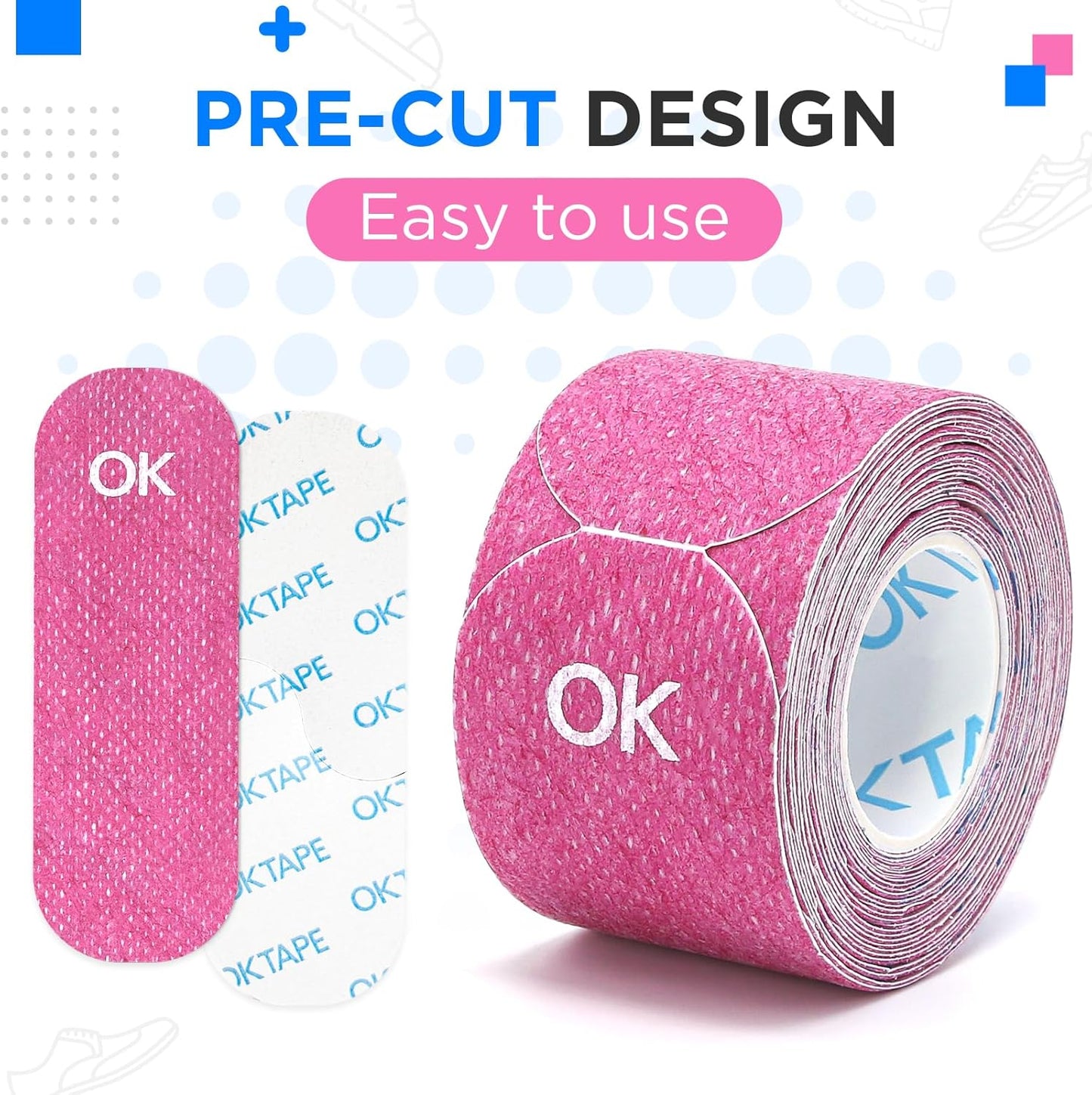 OK TAPE Pre-Cut Blister Bandages for feet | Blister Prevention Tape for Feet, Fingers, Toes | 1.2in x 3.5in,Pink,40pcs