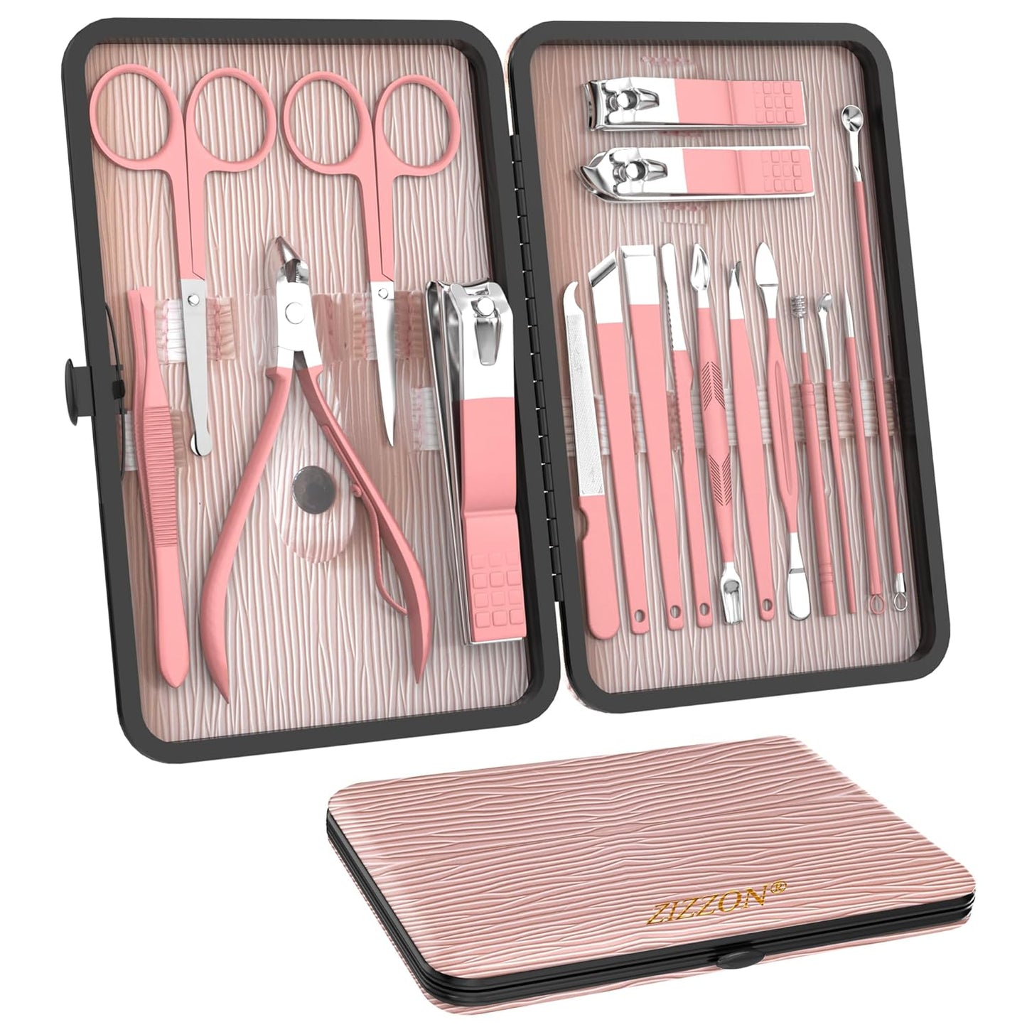 ZIZZON Manicure Set 18 in 1 Professional Pedicure Set Nail scissors Grooming Kit with Leather Travel Case Pink