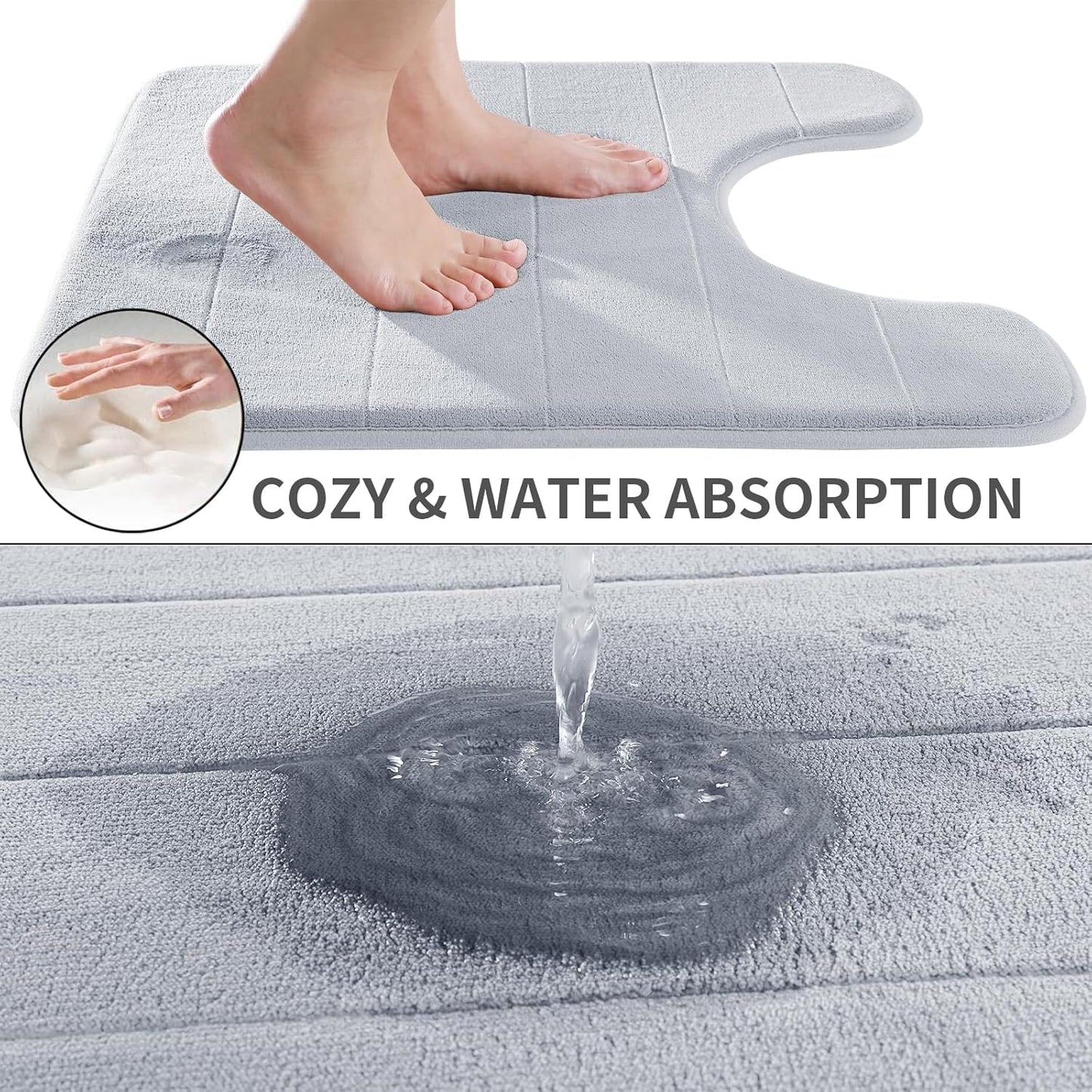 Yimobra Memory Foam Toilet Bath Mat U-Shaped, Soft and Comfortable, Super Water Absorption, Non-Slip, Thick, Machine Wash and Easier to Dry for Bathroom Commode Contour Rug, 24 X 24 Inches, Silver