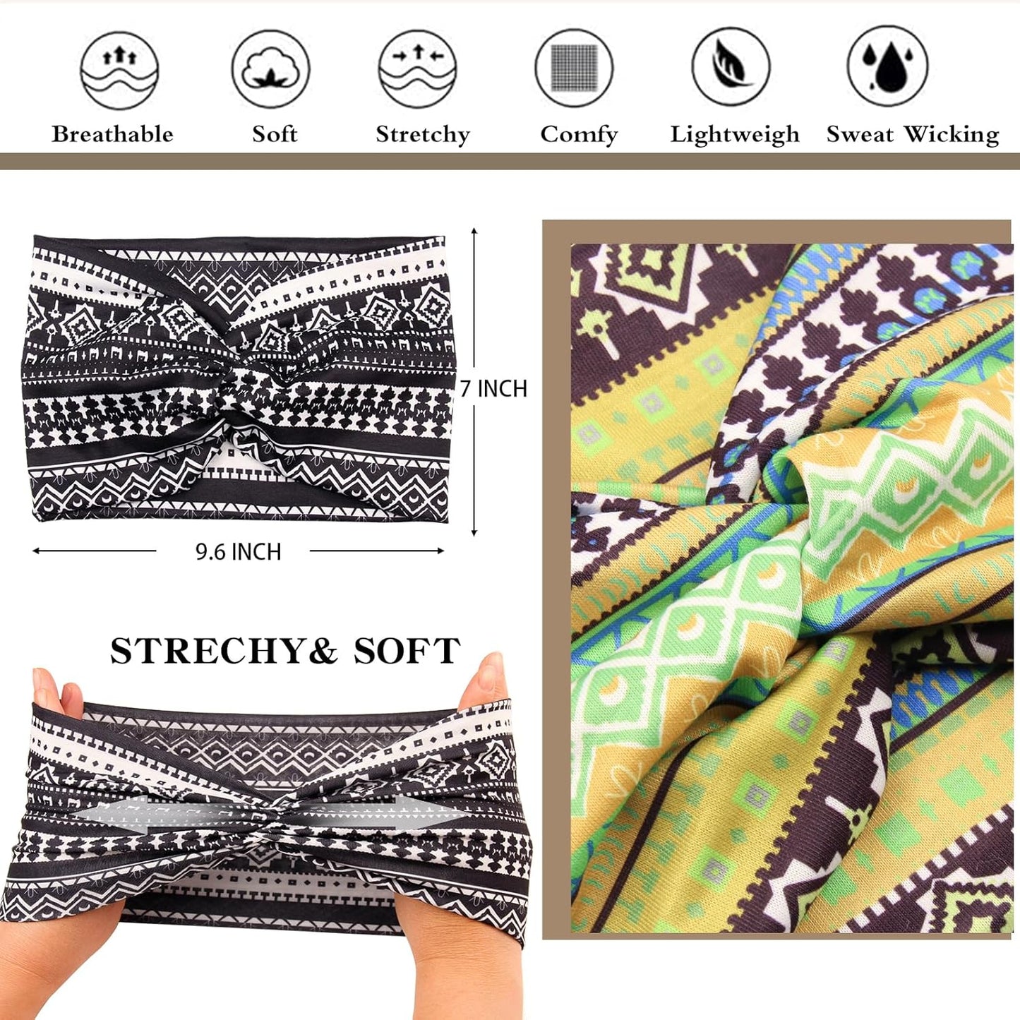 Wide Headbands for Women No Slip Boho Head Bands Soft Turban Twist knot Headband Yoga Workout Head Wraps for Women, Pack of 6