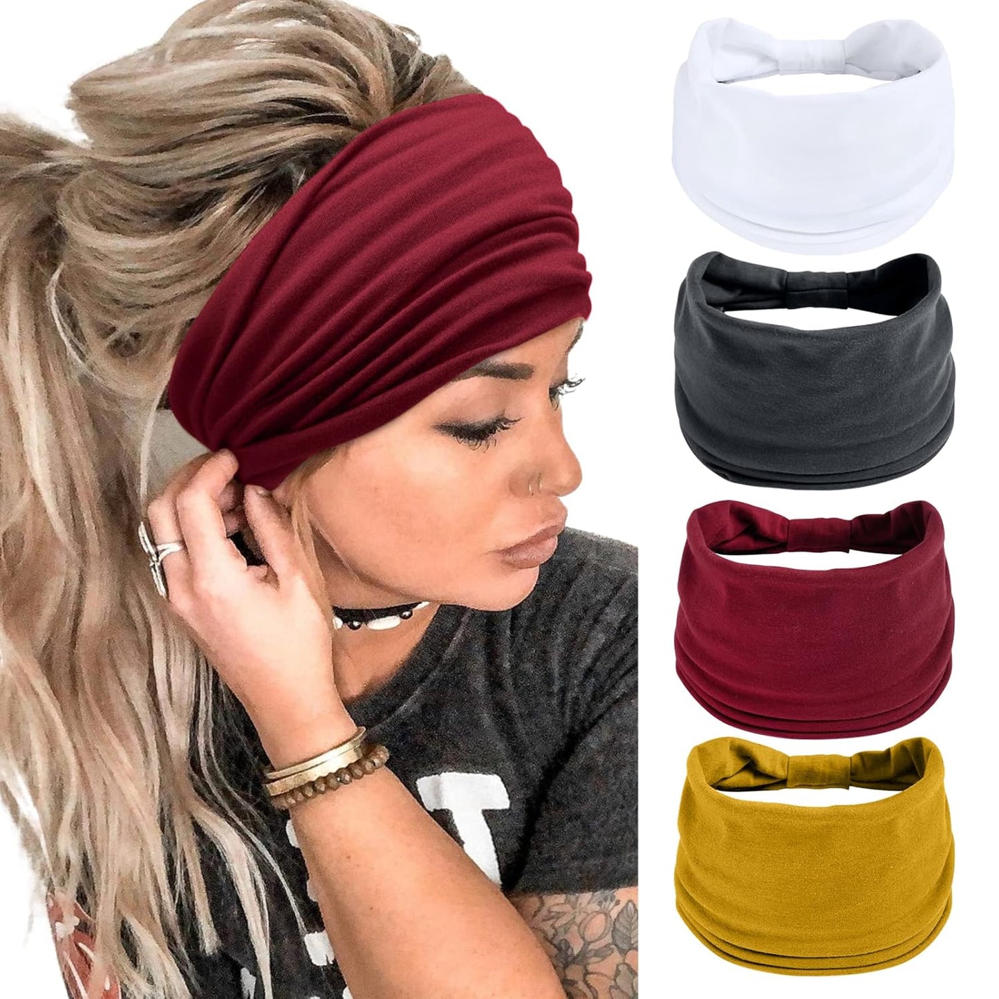 Wide Headbands for Women Black Stylish Head Wraps Boho Thick Hairbands Large African Sport Yoga Turban Headband Hair Accessories (Pack of 4)