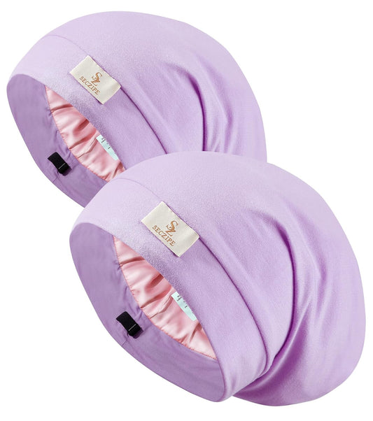2pcs Silk Satin Bonnet Hair Wrap Shower Caps for Sleeping, Adjustable Strap Curly Natural Hair Night Caps for Women Men（Lavender&Lavender）