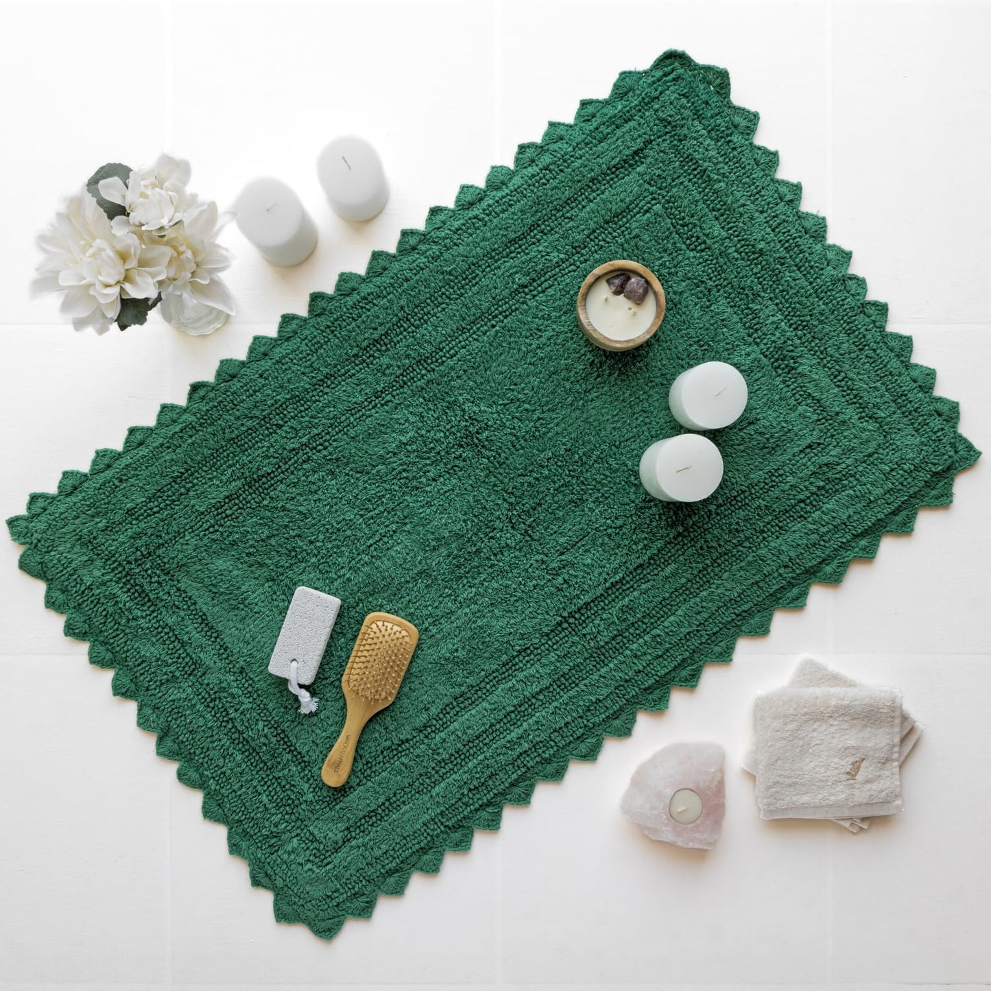 RAJRANG Foliage Green Cotton Crochet Bath Mat | 34x21 Inch Reversible Rectangle Bathroom Rug | Soft, Absorbent, and Handmade Woven Mat for Bathroom or Spa