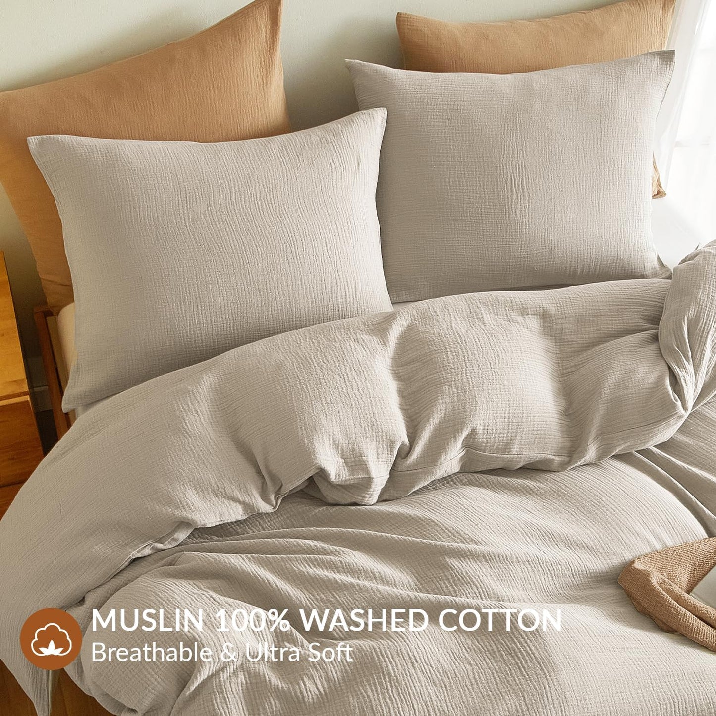 SE SOFTEXLY Muslin Pillowcases King Size 100% Cotton, 2 Pack Linen Like Pillow Shams with Envelope Closure, Ultral Soft and Breathable Pillow Case Covers, Beige, 20" X 36", No Filling