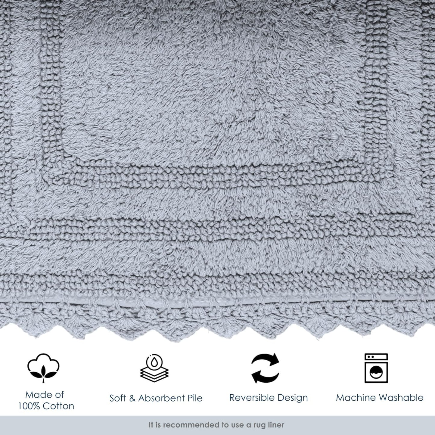 RAJRANG Light Grey Bath Mat for Bathroom Spa with Crochet Absorbent Soft Reversible Boho Bath Rug Rectangle 34x21 Inch
