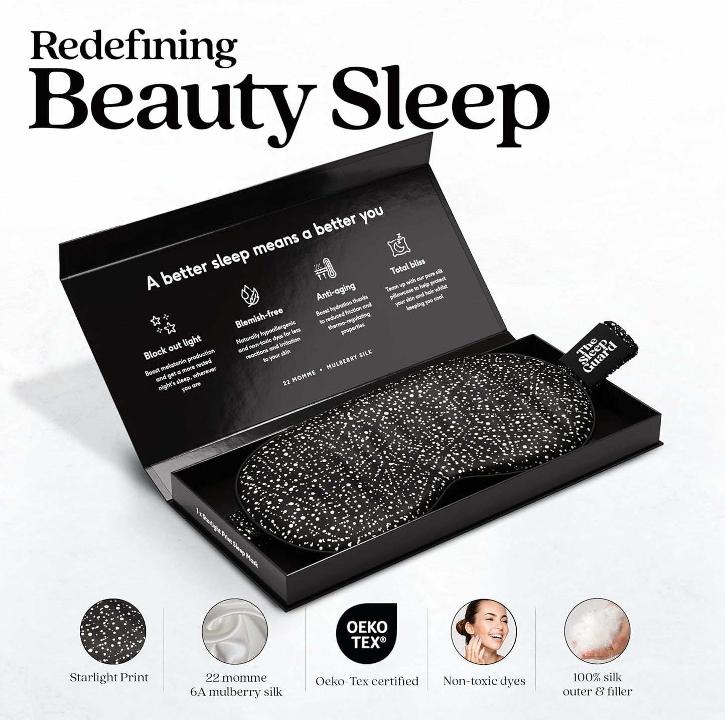 TheSleepGuard Pure Silk Sleep Mask [100% 6A Mulberry Silk, 22 Momme] Light Blocking Travel Essentials. Eye Masks for Sleeping. Black Oeko-Tex Blindfold. Eye Covers for Men & Women