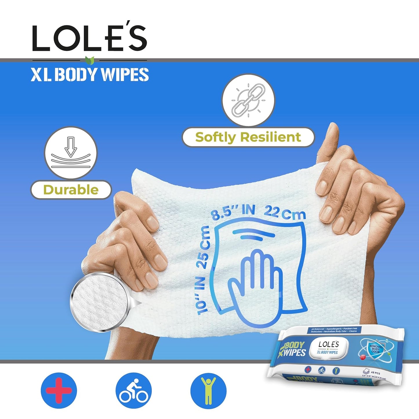 LOLE'S Body Wipes for Adults Bathing No Rinse XL – Bath Wipe for Adult, 48 Count Extra Large, – Shower Wipes – Body Wipe for Camping, Travel, Gym, Elderly Care, Women & Men – Fresh & Moisturizing