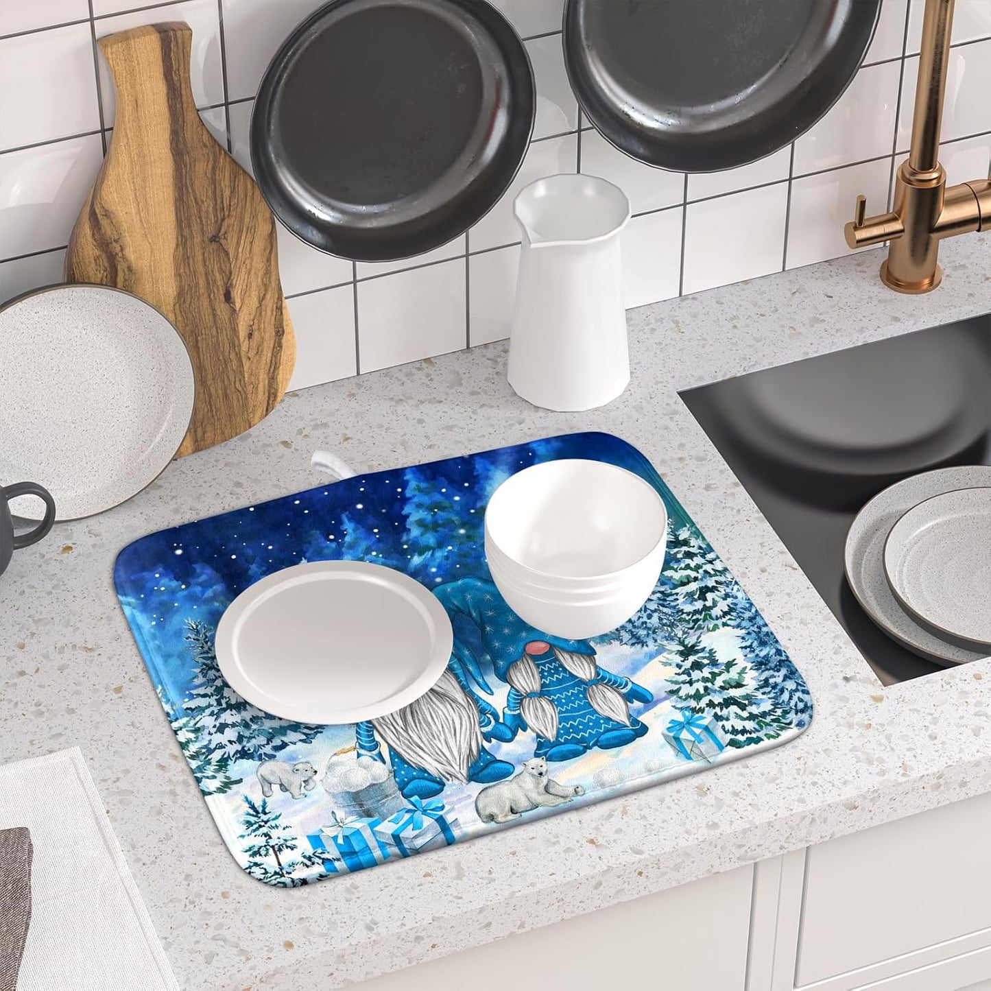 Winter Blue Gnome Dish Drying Mat for Kitchen Counter Pine Tree Microfiber Dish Pad Absorbent Reversible Fast Dry Draining Mats 16x18 Inch