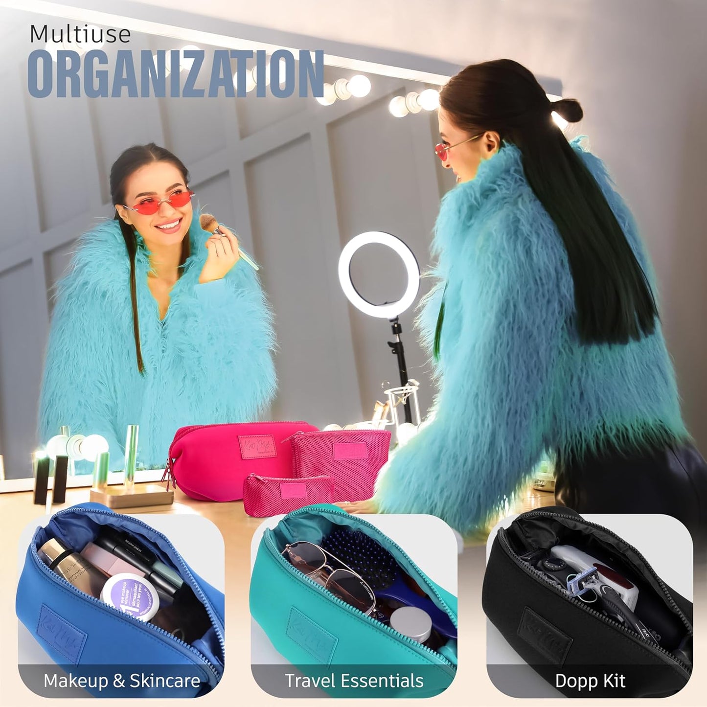 Kat Myhr Neoprene Washable Travel Makeup & Cosmetic Bag Set, 2 Air Mesh Pouches,100% Neoprene Toiletry Bag, Large Water Resistant Travel Bag for Toiletries, Makeup Cosmetic Travel Bag (Fuchsia Pink)