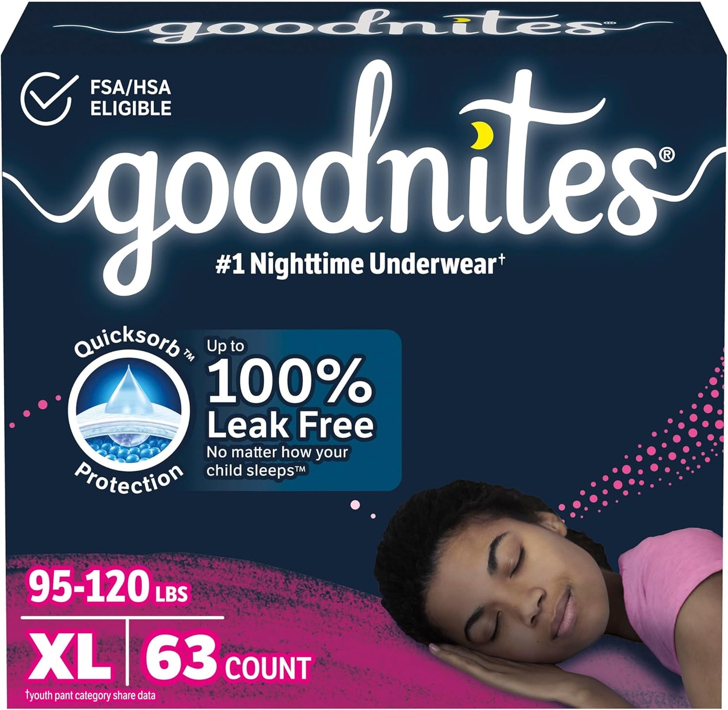 Goodnites Girls' Nighttime Bedwetting Underwear, Size Extra Large (95-120 lbs), 63 Ct (3 Packs of 21), Packaging May Vary