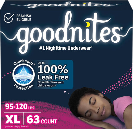 Goodnites Girls' Nighttime Bedwetting Underwear, Size Extra Large (95-120 lbs), 63 Ct (3 Packs of 21), Packaging May Vary