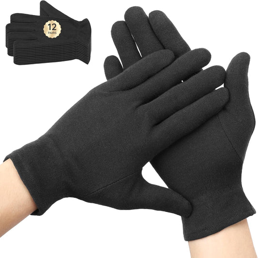 Segbeauty 24 Counts Elastic Lotion Cotton Gloves Black for Dry Hands Overnight, 12 Pairs Hand Moisturizing Gloves Overnight with Elastic Band, Hand Care Reusable Moisture Cotton Glove for Men & Women